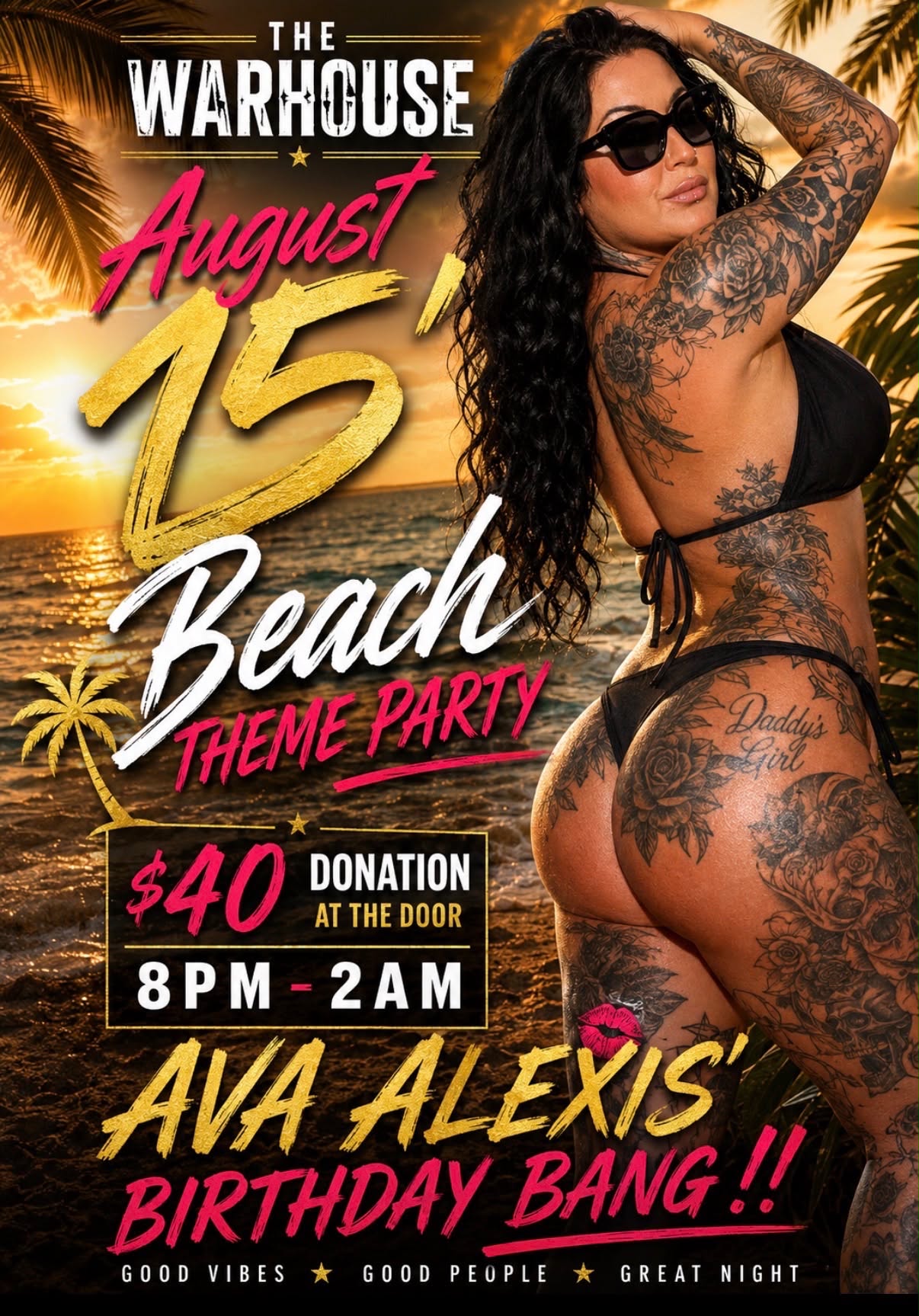 August 15 Beach Theme Party poster featuring Ava Alexis