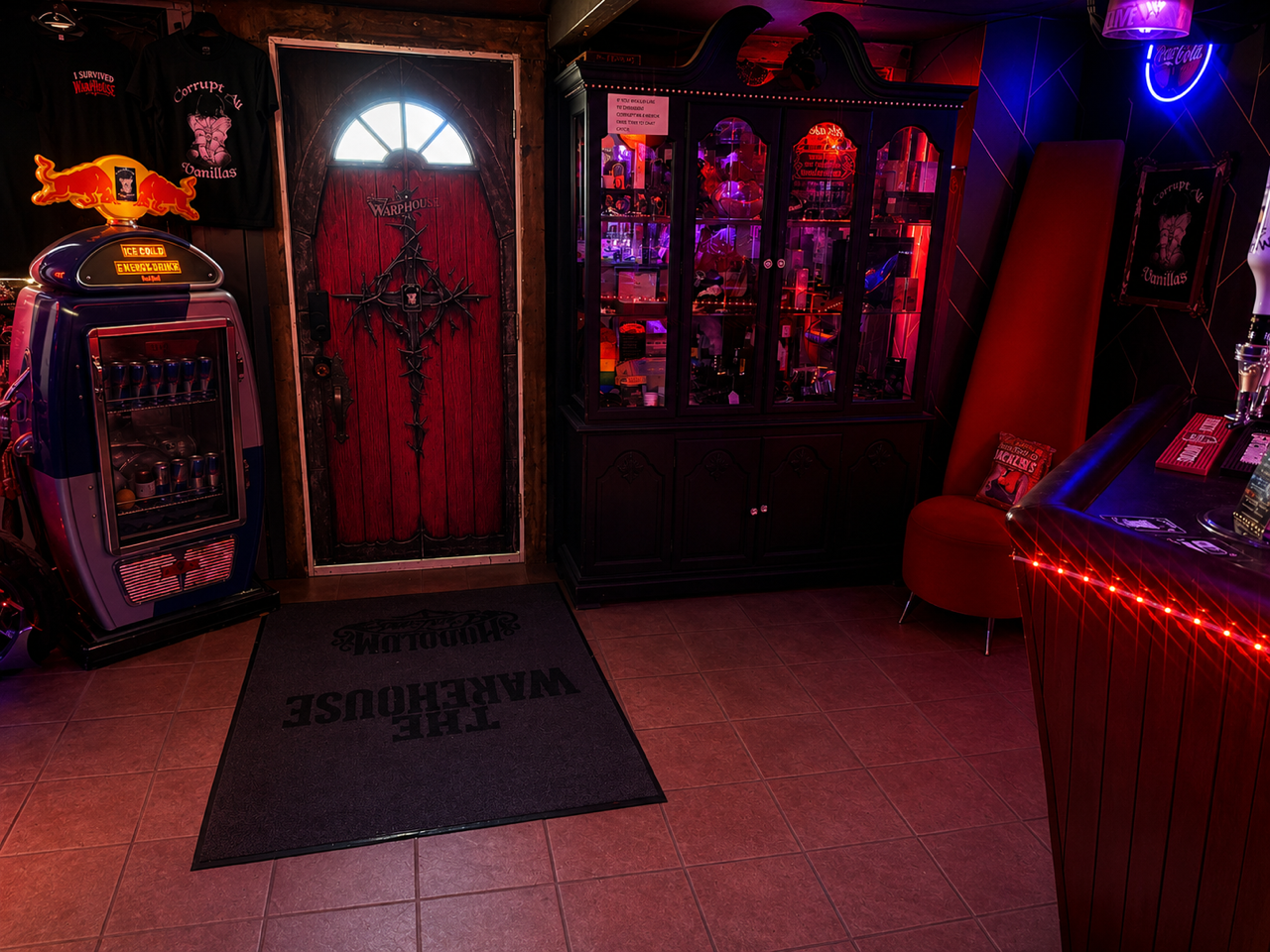 The illuminated entrance inside The Warehouse