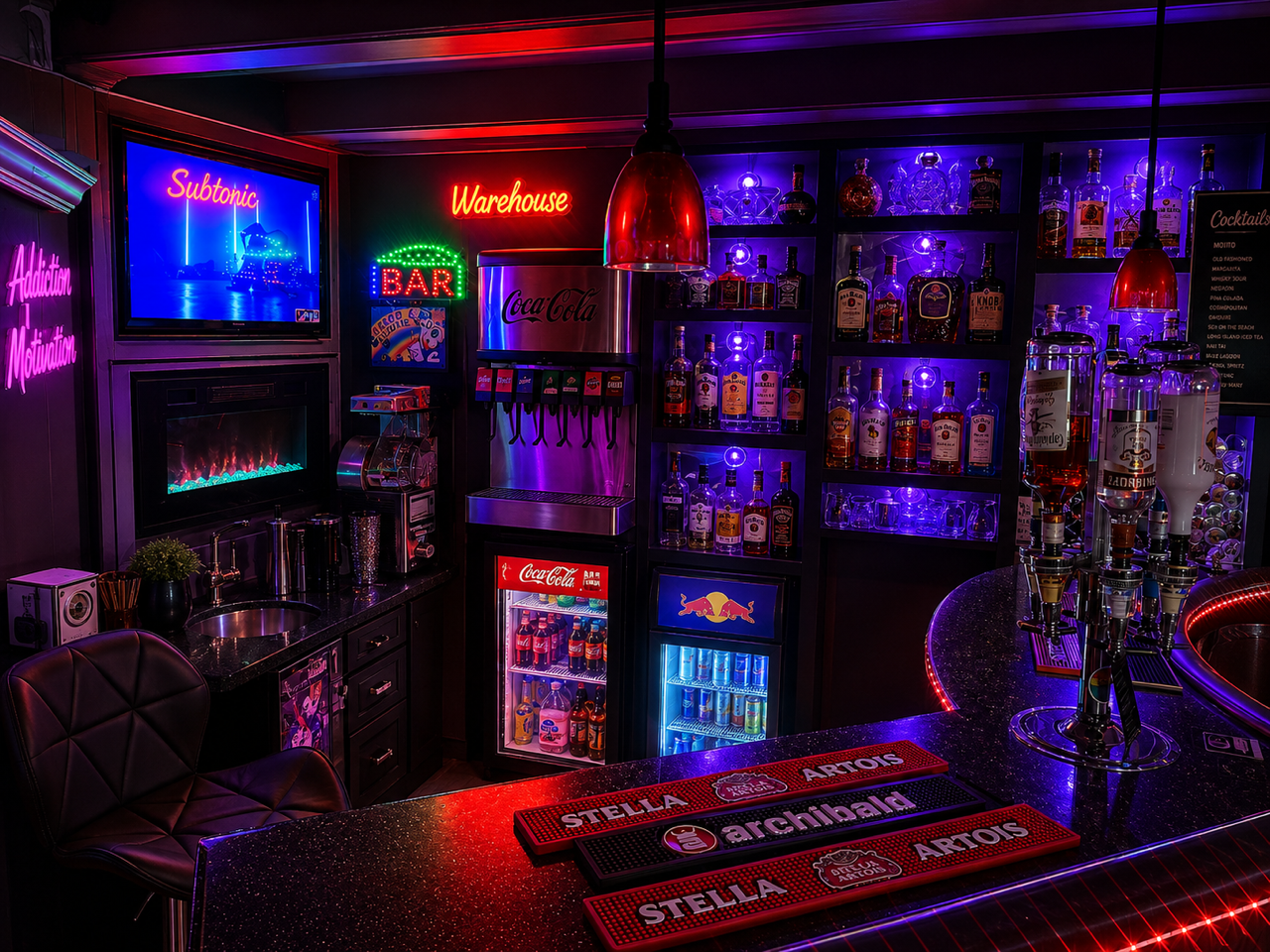 The fully stocked Warehouse bar under neon lighting