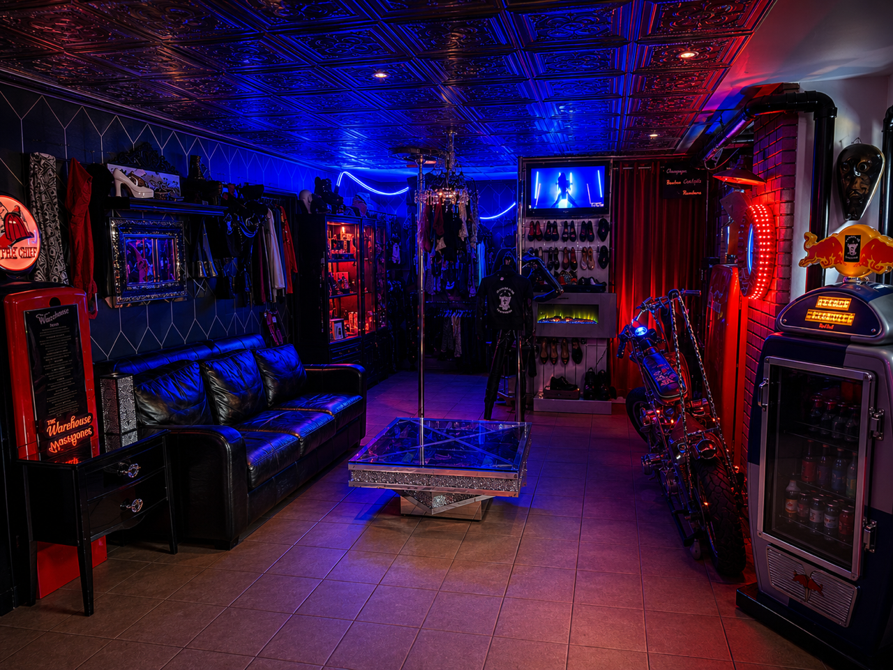Wide lounge view beside The Warehouse bar