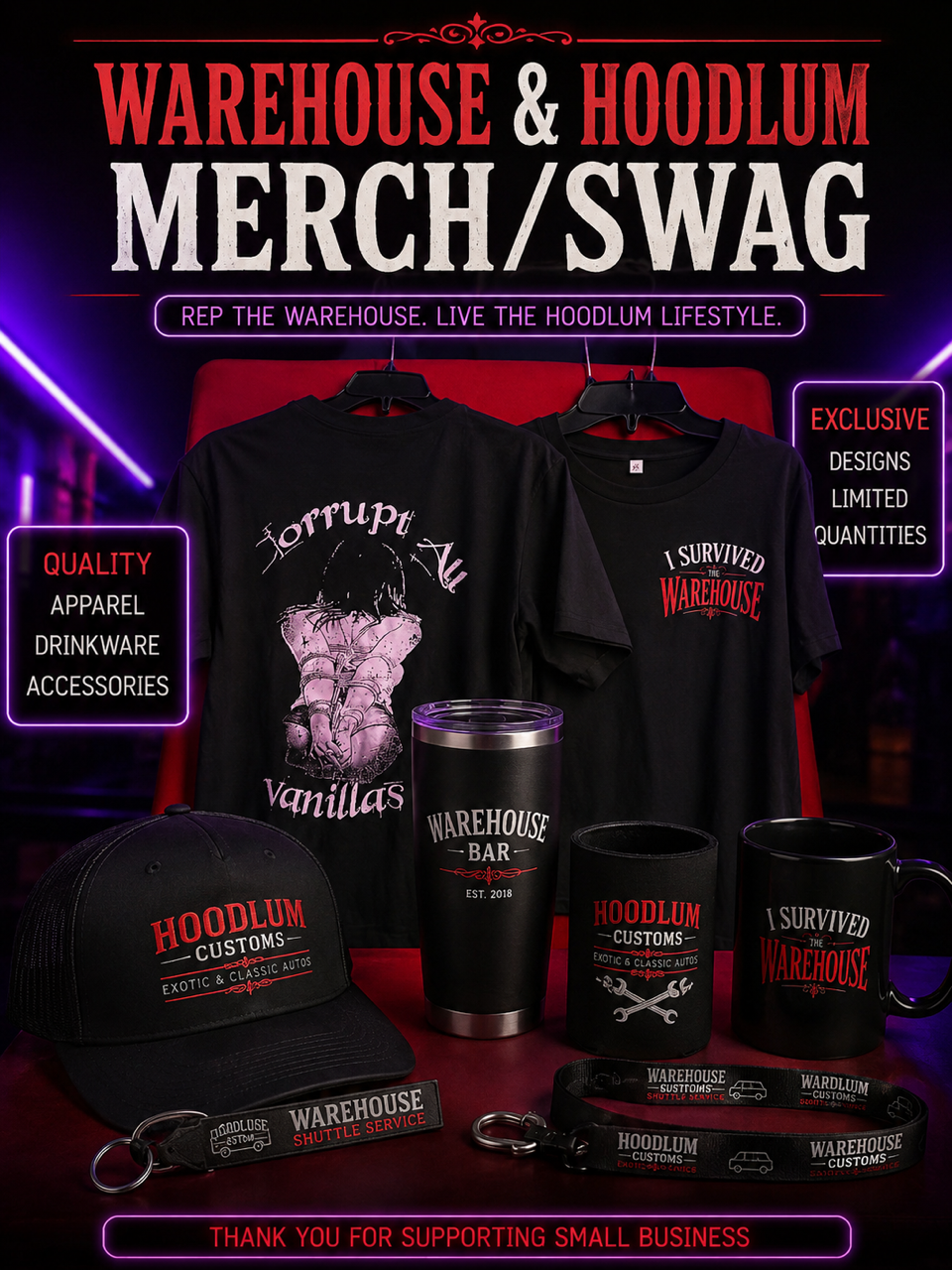 Warehouse and Hoodlum clothing, drinkware and accessories